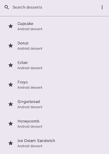 畫面會顯示搜尋列，其中包含「在裡面輸入文字搜尋」的提示文字。搜尋列下方會顯示搜尋建議清單，每項建議旁邊都有星號圖示。